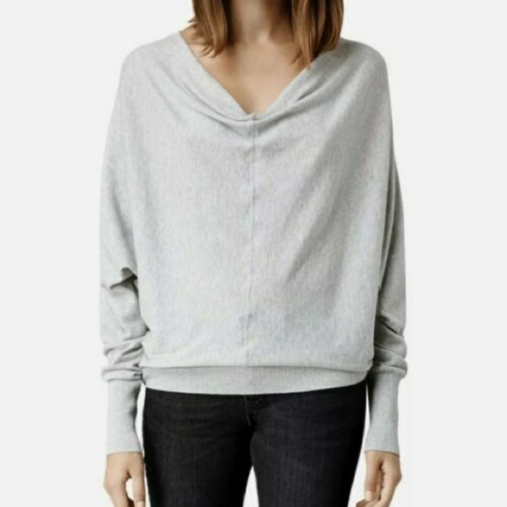 All Saints Elgar Gray Cowl Neck Cotton Sweater  Snap back, bat sleeves, cuffs 4